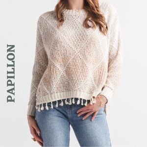 Papillon Boho Fringe Knit Sweater Beige Tinsel XXL